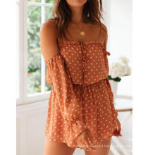 Sexy Summer Beachwear Orange Dot Print Ruffle Long Sleeve Strapless Loose Jumpsuit Short Mujer